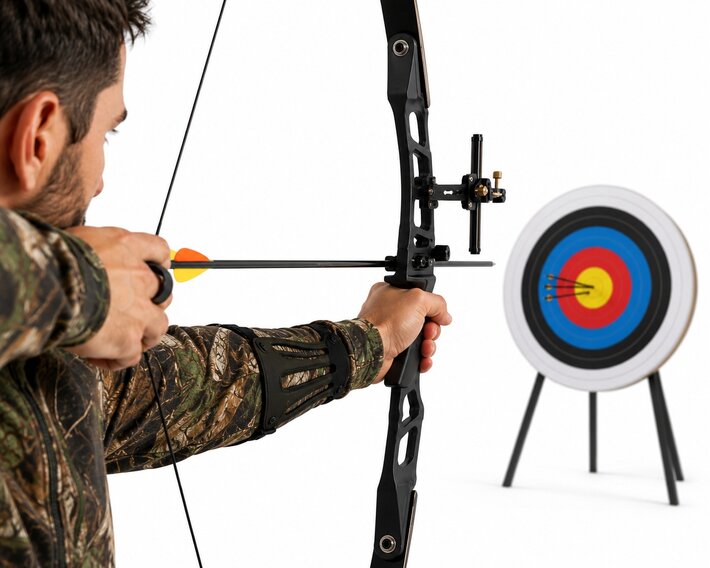 Archer visant une cible avec un arc recurve de précision